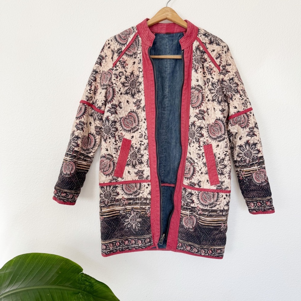 Free People Cream and Pink Floral Quilted Teddy Jacket
